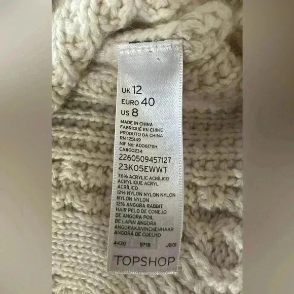 TOPSHOP Cable Knit Fisherman Sweater Chunky Ivory Size 10 acrylic/nylon/angora - Picture 6 of 6